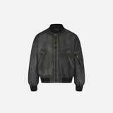 Front view of the black Dyed Distressed Padded Jacket in a gray background 
