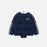 Front view of the blue Classic Loose Puffer Jacket in a gray background 