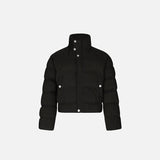 Front view of the black Women's Pleated Short padded Puffer Jacket in a gray background 
