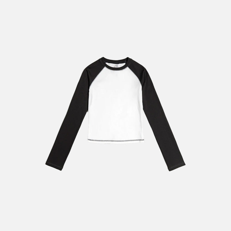 Front view of the black & white  Color Contrast Long Sleeve Women's T-shirt  in a gray background