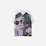 Y2K Retro Raglan Cat Print V-Neck T-Shirt