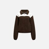 Front view of the coffee Cozy Women's Plush Jacket in a gray background