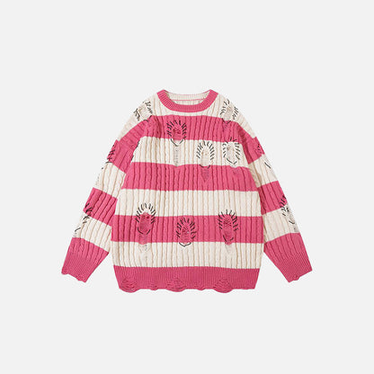 Loose Stripped Distressed Knitted Sweater