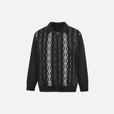 Front view of the black Cable Knit Zip-Up Sweater in a gray background 