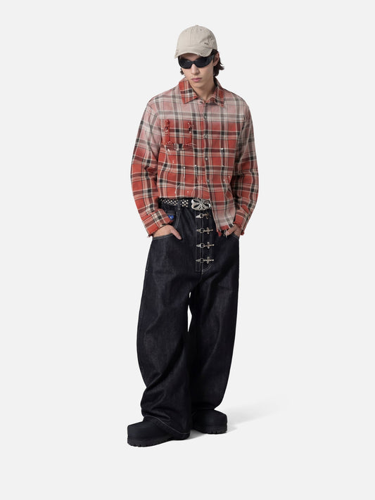 Plaid Distressed Long Sleeve Shirt