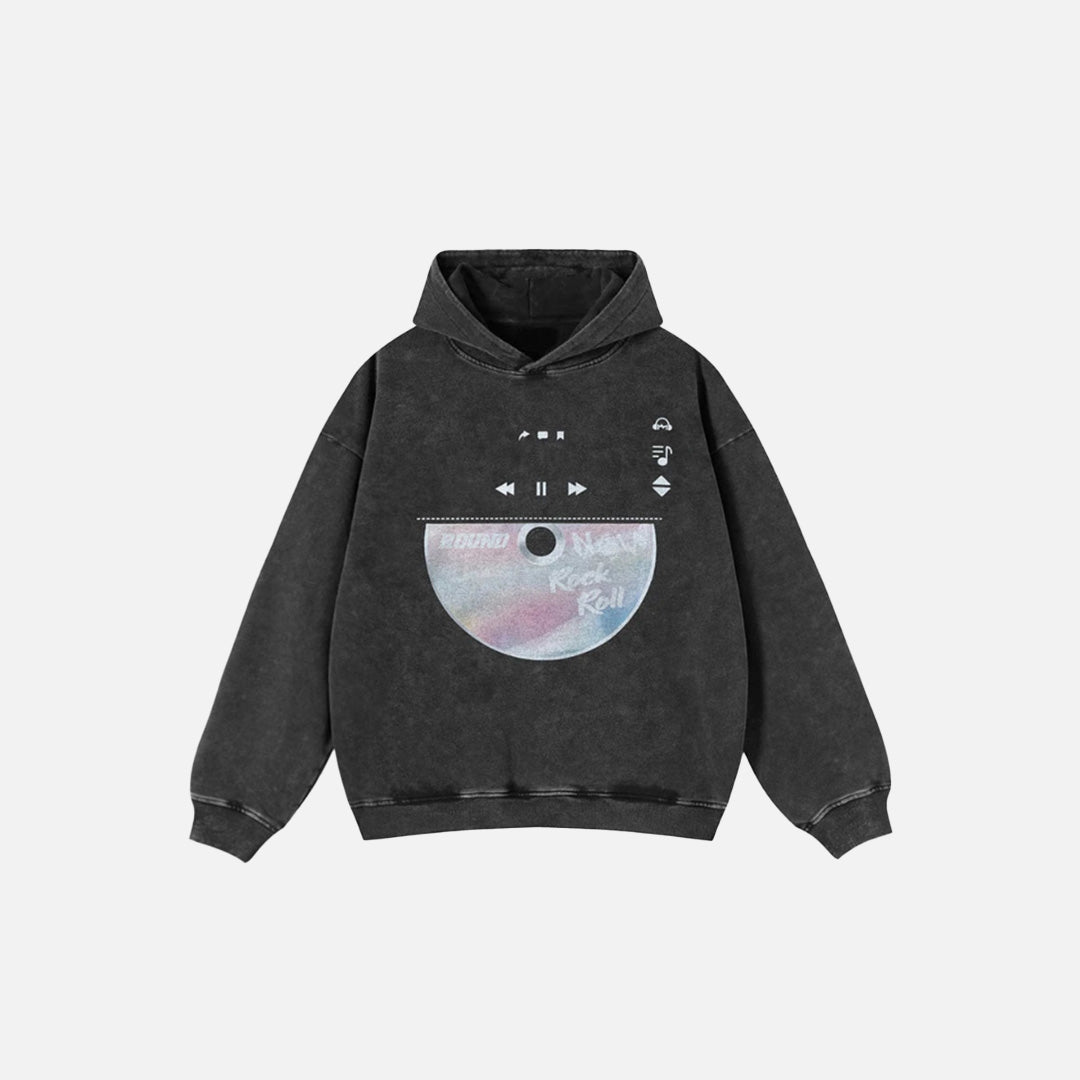 Front view of the black Y2K Retro Soundwave Hoodie in a gray background