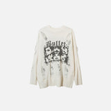 Front view of the white Loose Face Graphic Ripped Sweater in a gray background