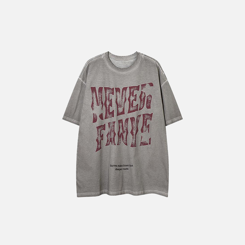 Front view of the gray Letter Printed Washed Loose T-Shirt in a gray background 