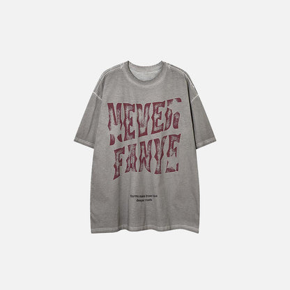 Front view of the gray Letter Printed Washed Loose T-Shirt in a gray background 