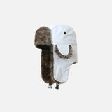 Front view of the white Faux Fur Lined Trapper Hat in a gray background