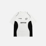 Front view of the white Color Blocking Racing Print T-shirt in a gray background 