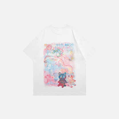 Front view of the white Loose Animation Cartoon Printed T-Shirt in a gray background 
