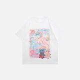 Front view of the white Loose Animation Cartoon Printed T-Shirt in a gray background 
