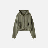Front view of the grey green Women's Fleece Zip-up Hoodie in a gray background 