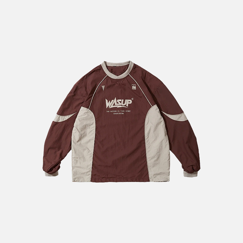 Front view of the red gray Tech Performance Pullover Sweatshirt in a gray background