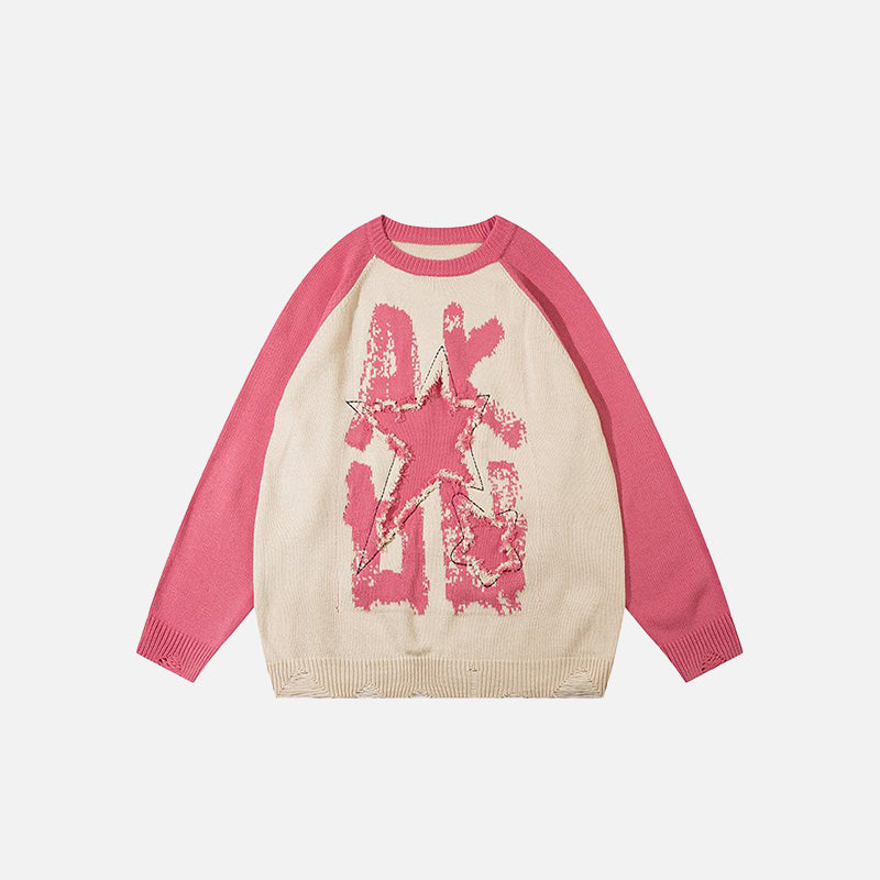 Splicing Color Star Embroidery Sweater