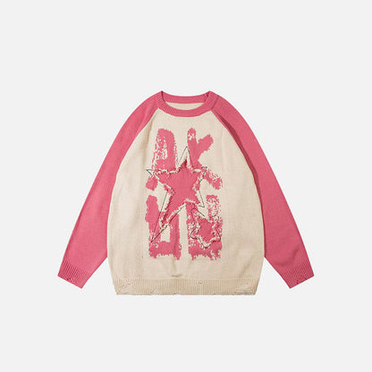 Splicing Color Star Embroidery Sweater