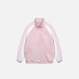 Front view of the pink Classic Striped Track Jacket in a gray background