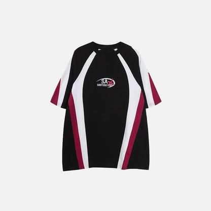Front view of the Retro Star Embroidery Sports T-shirt in a gray background 