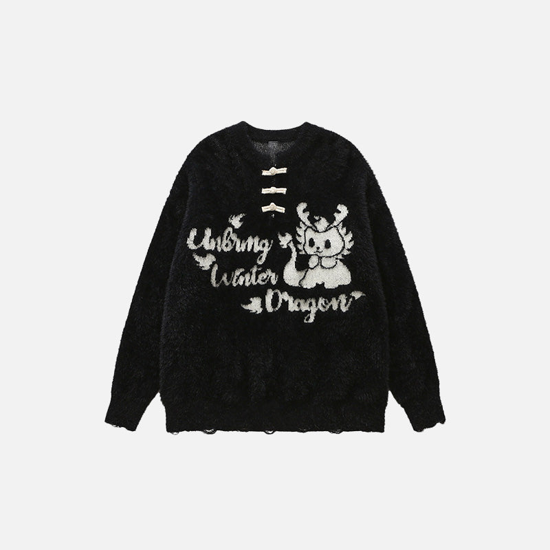 Front view of the black Vintage Loose Dragon Sweater in a gray background 
