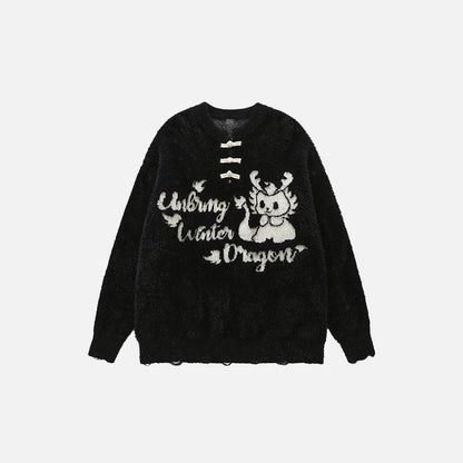 Front view of the black Vintage Loose Dragon Sweater in a gray background 