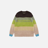 Front view of the green  Fuzzy Loose Striped Contrast Color Sweater in a gray background 