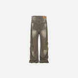 Back view of the light green Loose Washed Pleated Jeans in a gray background