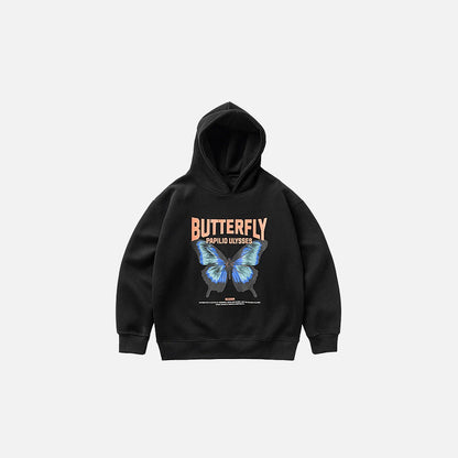 Front view of the black Varsity Butterfly Print Hoodie in a gray background