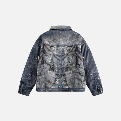 Back view of the blue Abstract Chain Detail Denim Jacket in a gray background