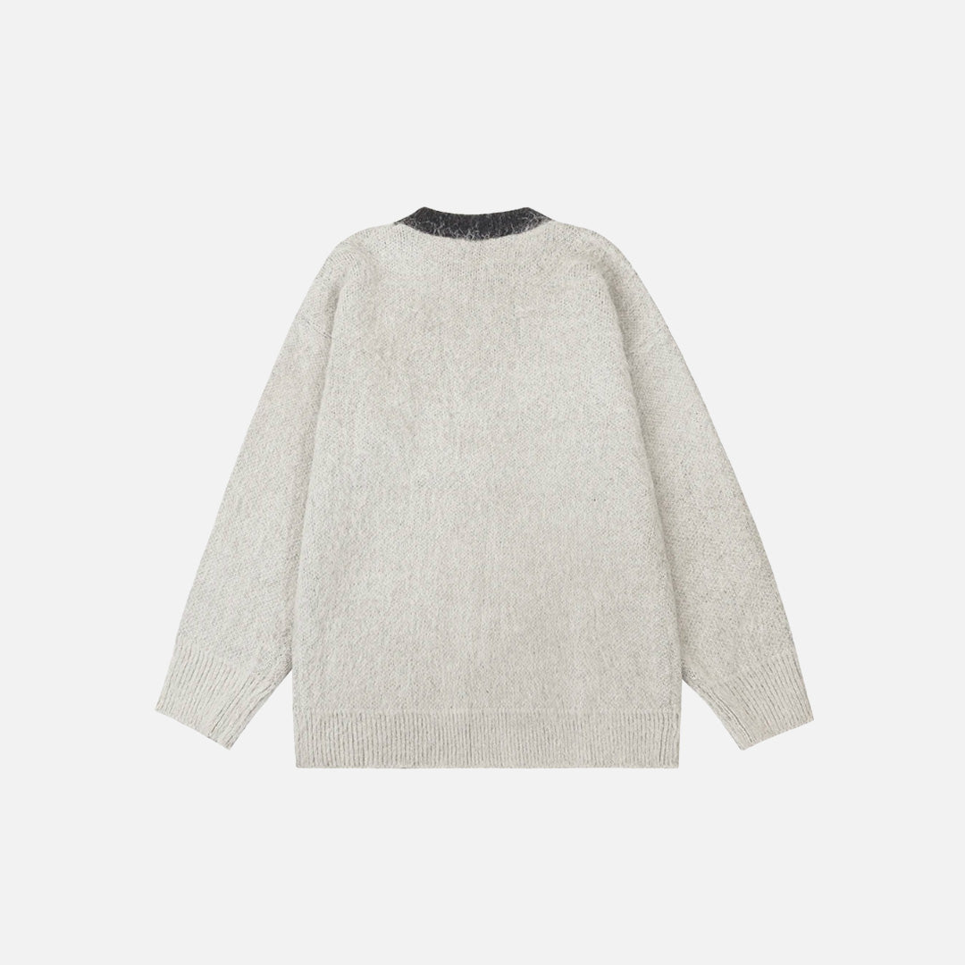 Back view of the gray Y2K Abstract Faces Sweater in a gray background