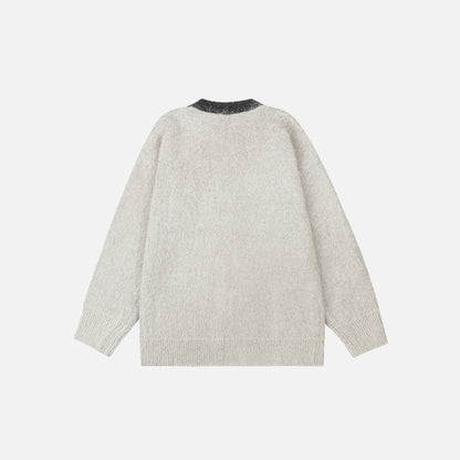 Back view of the gray Y2K Abstract Faces Sweater in a gray background