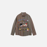 Front view of the brown Fun Stripe Shirt in a gray background