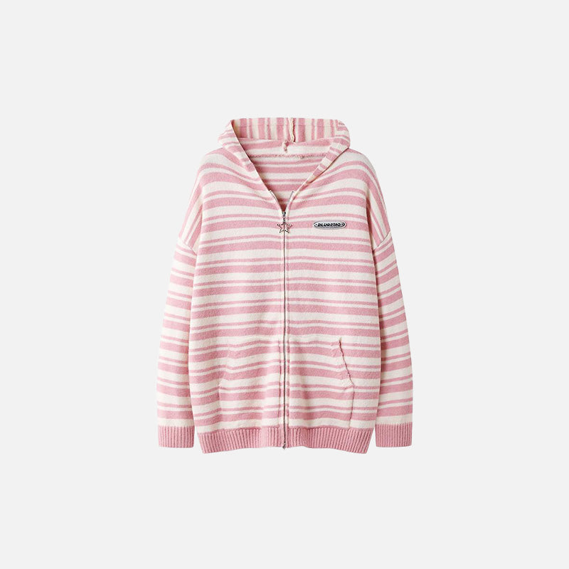 Loose Striped Zip-up Hooded Sweater