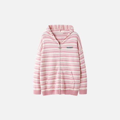 Loose Striped Zip-up Hooded Sweater