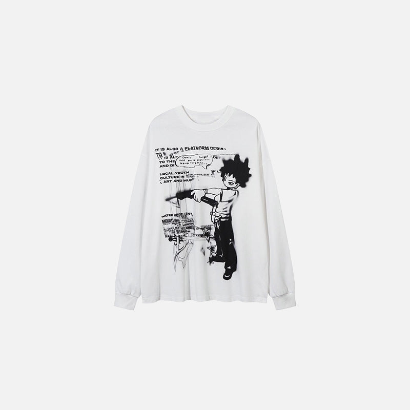 Front view of the white Street Art Character Graphic Sweatshirt in a gray background