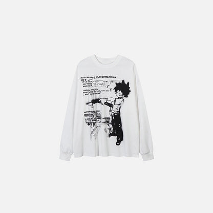 Front view of the white Street Art Character Graphic Sweatshirt in a gray background