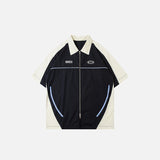 Front view of the black Polo Splicing Color Zip-up T-shirt in a gray background 
