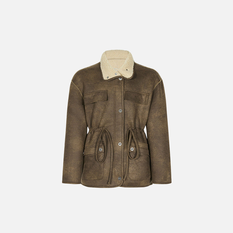Front view of the coffee Loose Retro Lambs Wool Coat in a gray background 