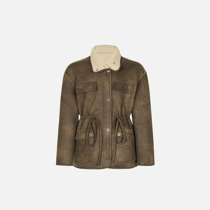 Front view of the coffee Loose Retro Lambs Wool Coat in a gray background 