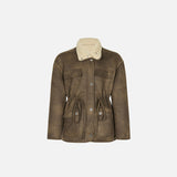 Front view of the coffee Loose Retro Lambs Wool Coat in a gray background 