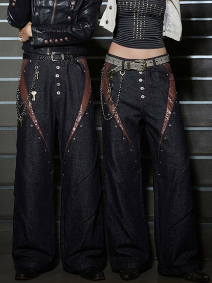 Leather Patchwork Studded Loose-Fit Jeans; Black / M, Black / L, Black / XL, Black / 2XL