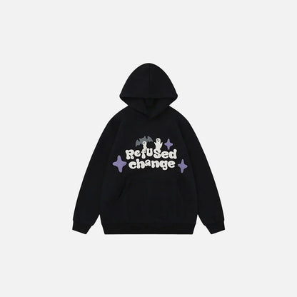 Front view of the black Refused Change Graphic Hoodie in a gray background