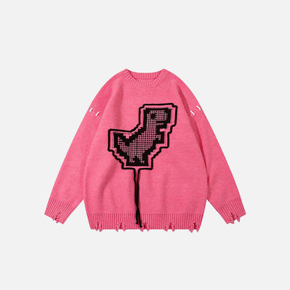 Front view of the pink No internet T-Rex Ripped Loose Sweater in a gray background