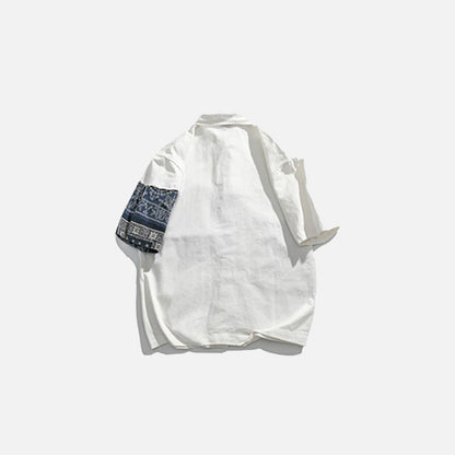 Back view of the white Bandanna Patchwork Shirt in a gray background