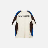 Back view of the beige Sports Color Contrast Oversized T-shirt in a gray background