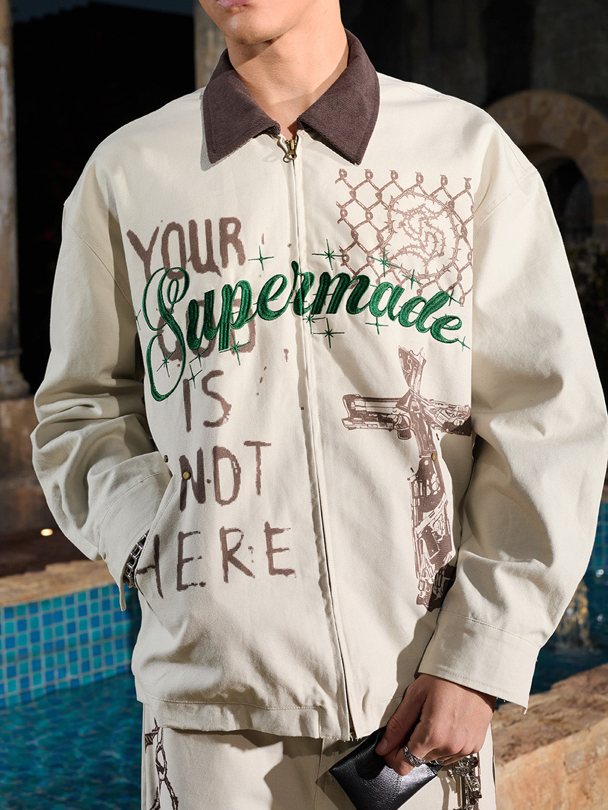 Supermade “Your God Is Not Here” Slogan Print Color-Blocked Embroidered Retro Canvas Jacket; Off-White / S, Off-White / M, Off-White / L, Off-White / XL, Off-White / 2XL