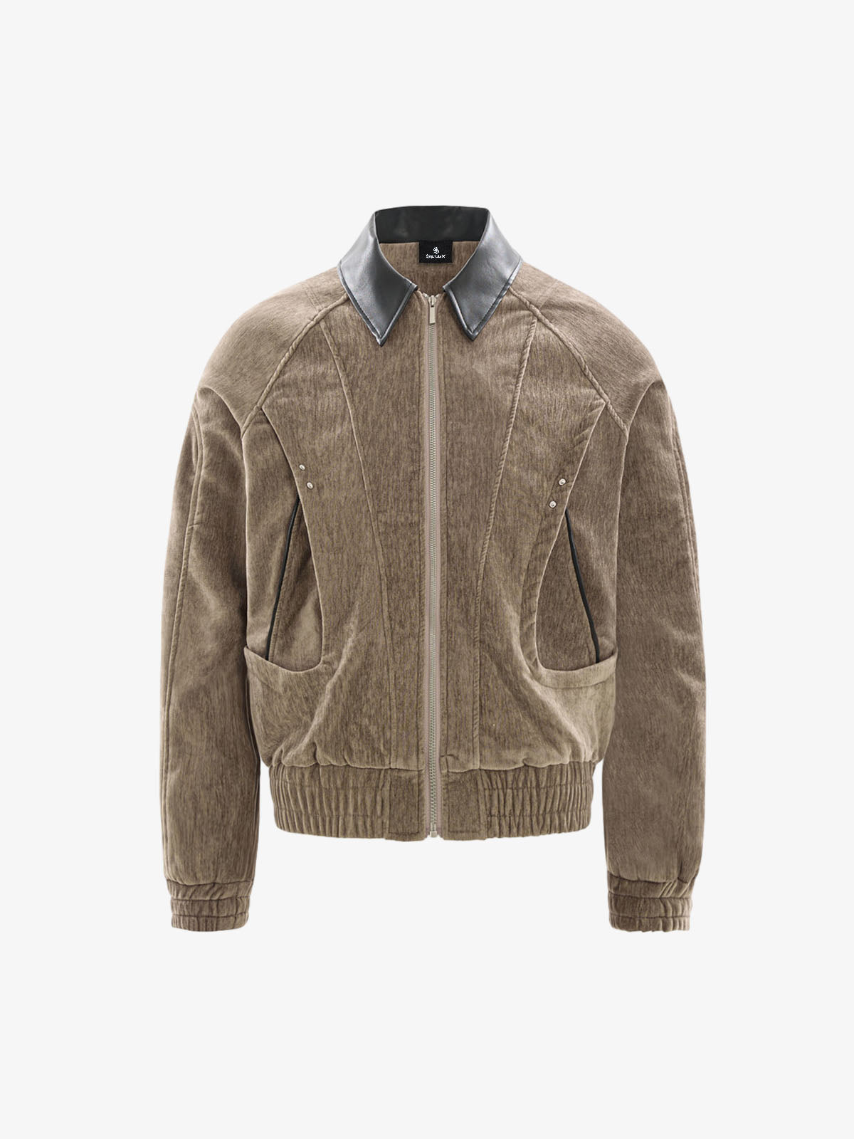 Oversized Pocket Color Block Faux Leather Lapel Jacket; Khaki / S, Khaki / M, Khaki / L, Khaki / XL