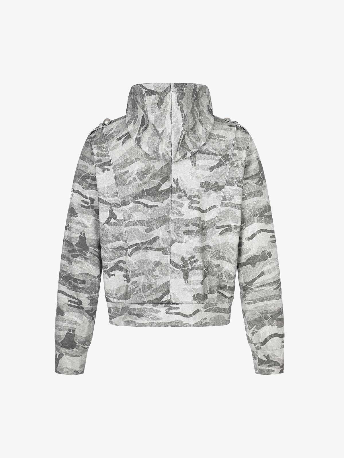 Studded Camo Hooded Sweatshirt Jacket; Light Grey / S, Light Grey / M, Light Grey / L, Light Grey / XL