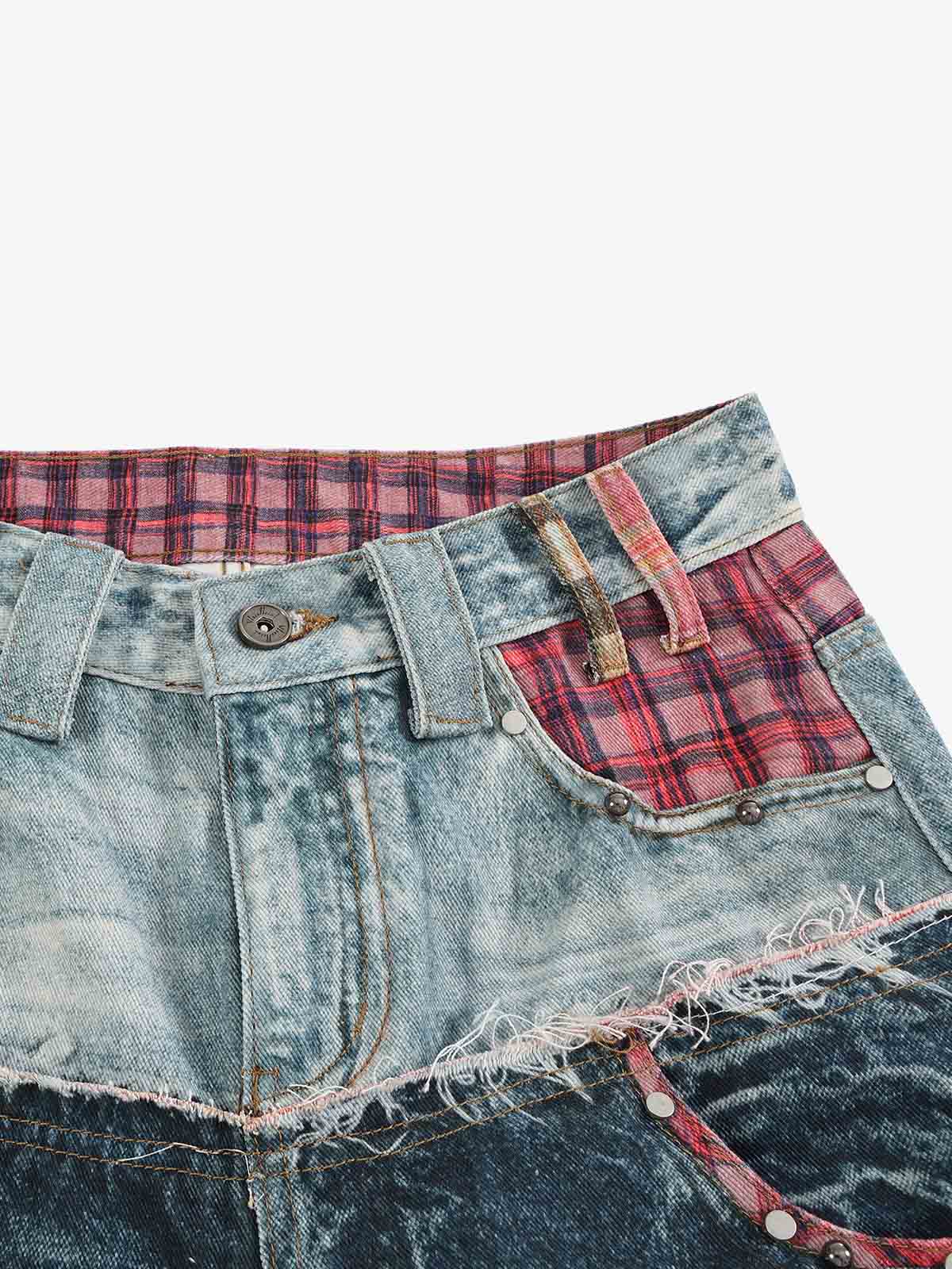 3D Grid Patchwork Distressed Jeans