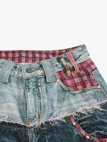 3D Grid Patchwork Distressed Jeans
